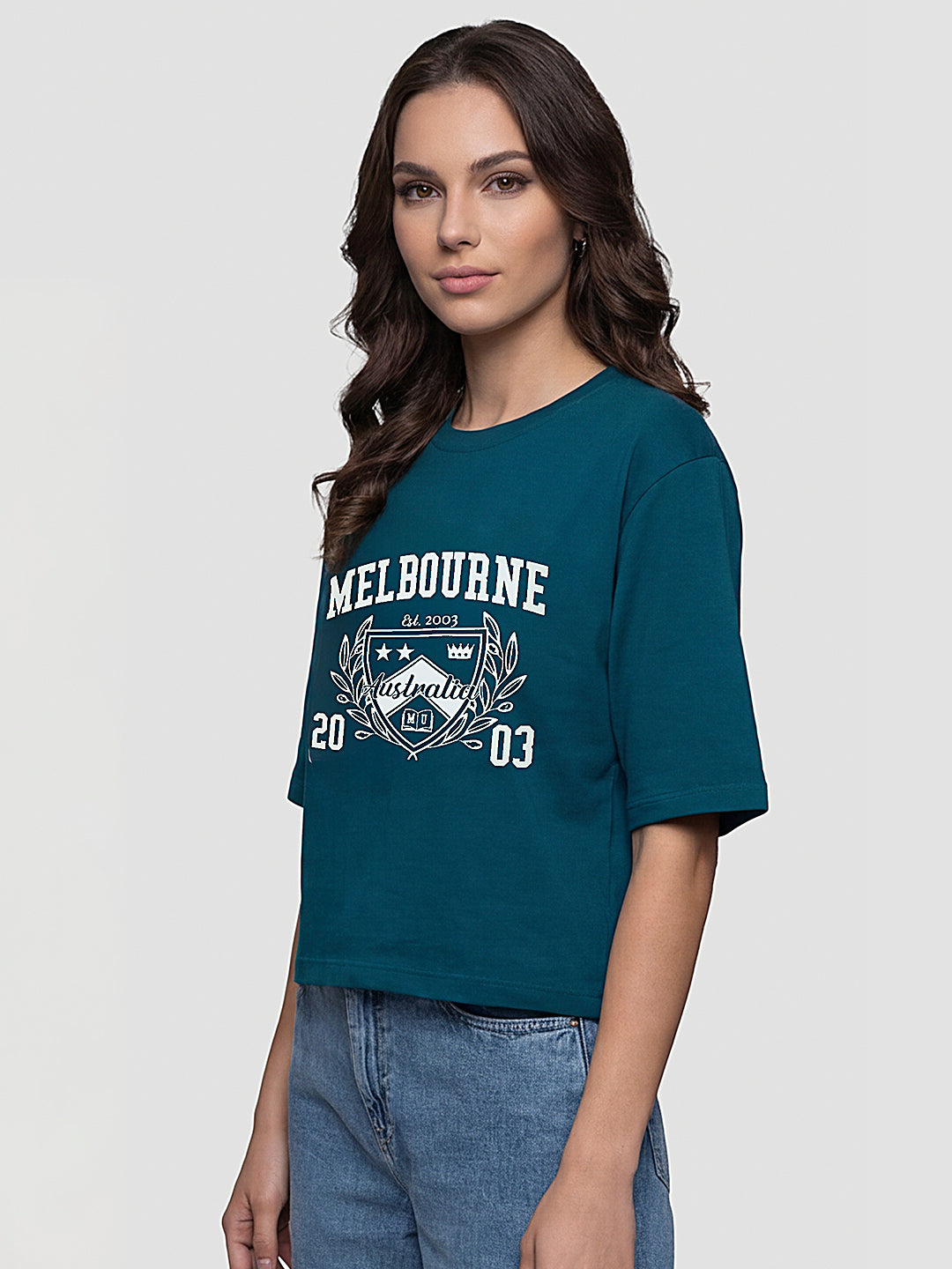 Women Teal Graphic Print Crop Tees