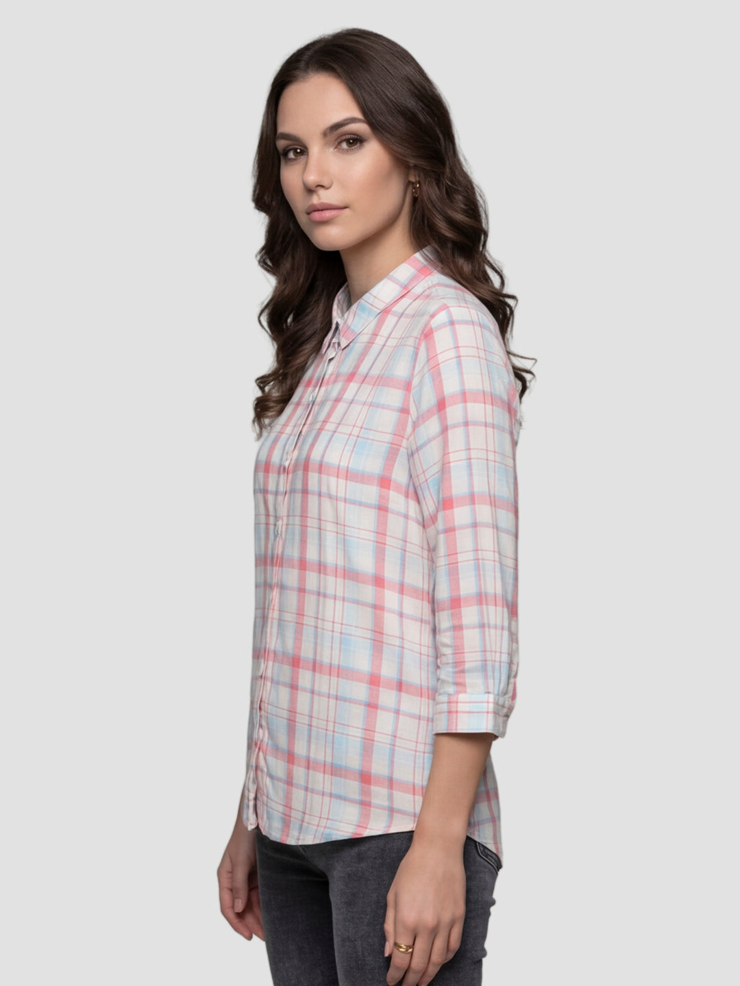 Women Peach/White Checked Shirt