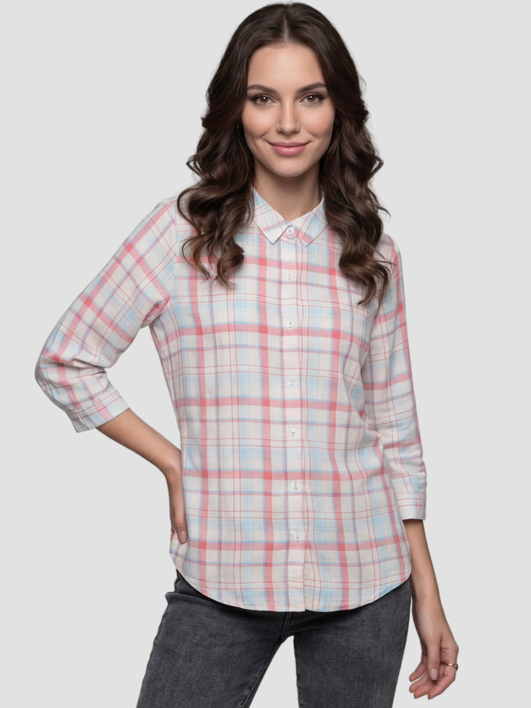 Women Peach/White Checked Shirt