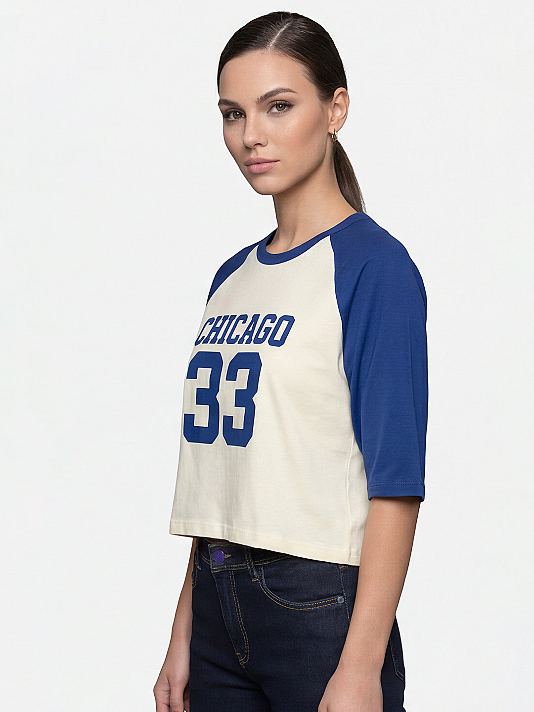 Women Ivory/Indigo Graphic Print Crop Tees