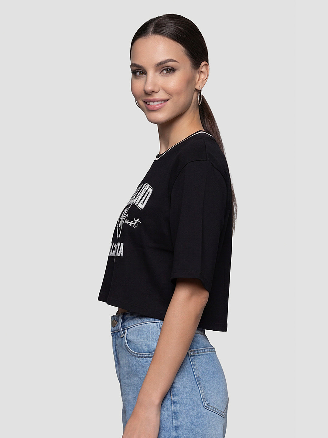 Women Black Graphic Crop Tees