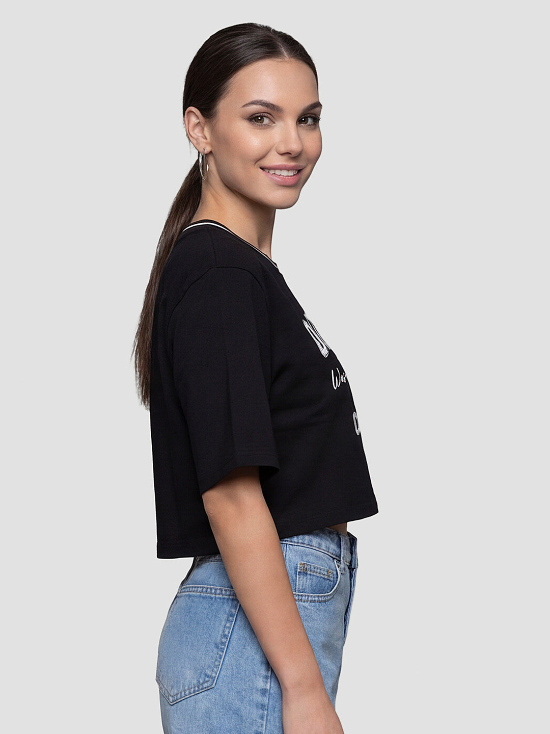 Women Black Graphic Crop Tees