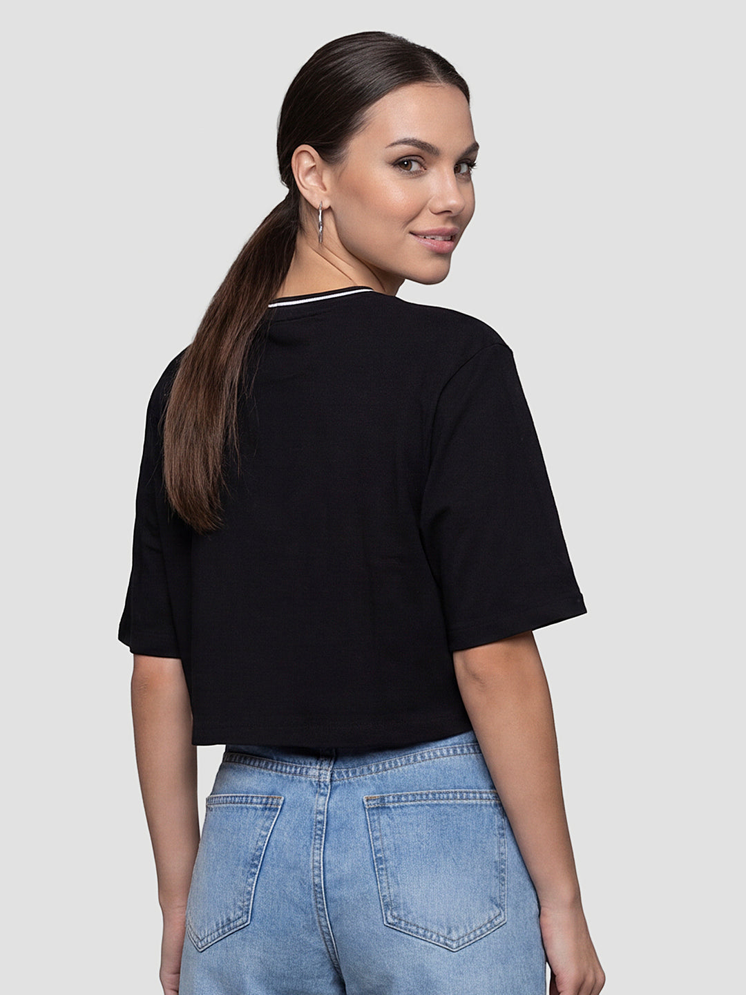 Women Black Graphic Crop Tees