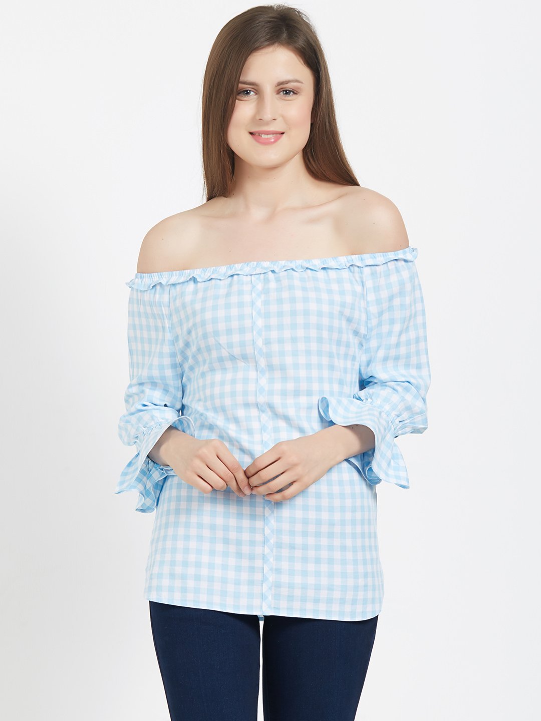 Women Checked Bardot Top