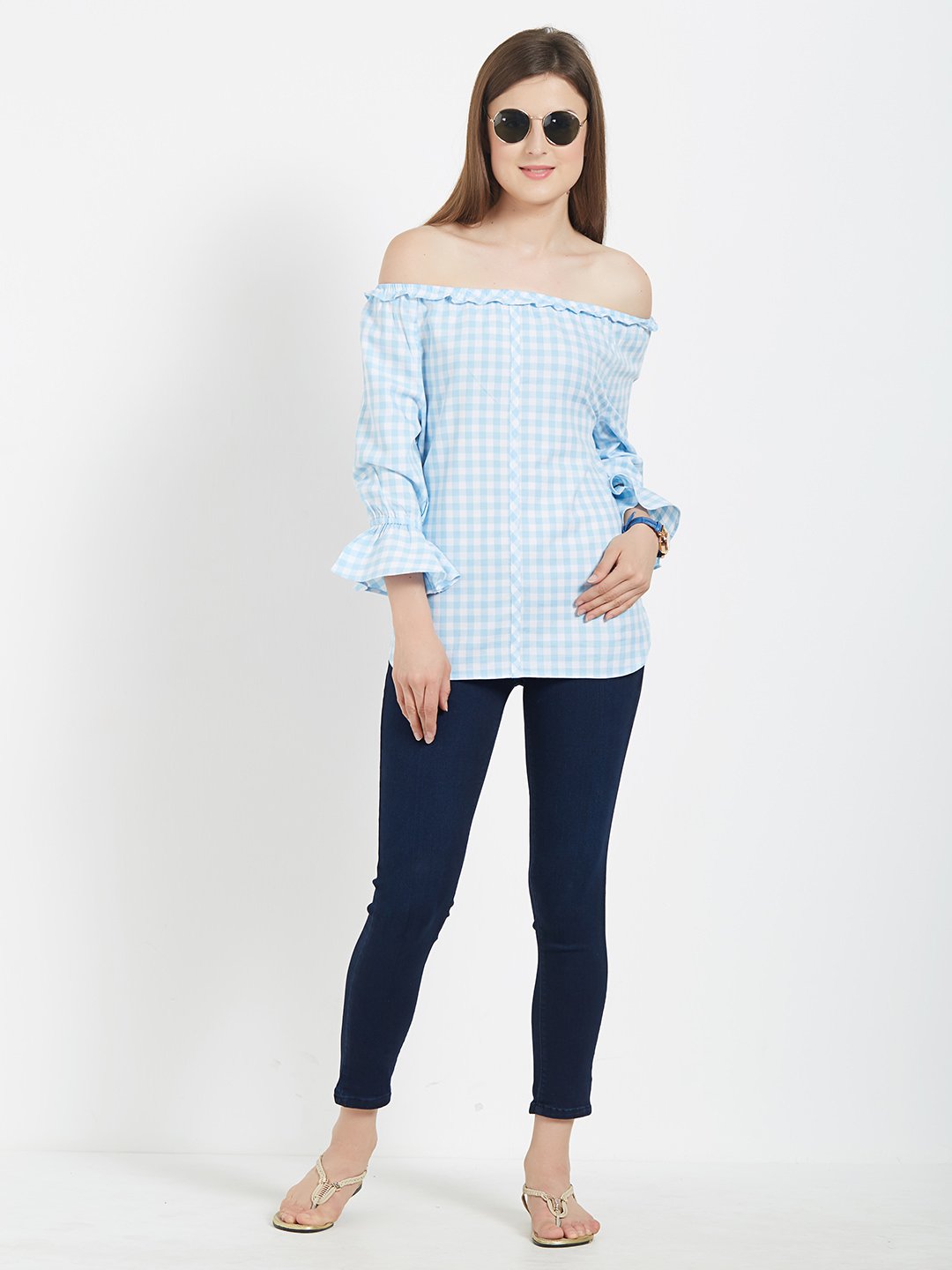 Women Checked Bardot Top