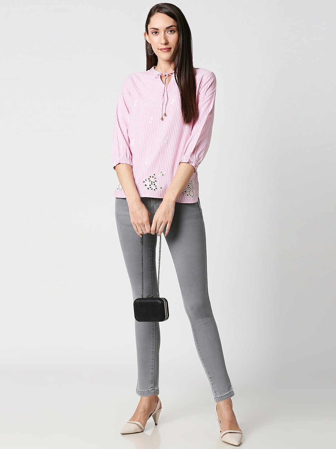 Women White/Pink Stripe Top