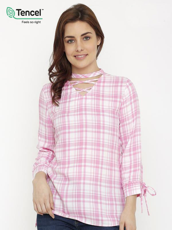Women Pink/White Checks Top