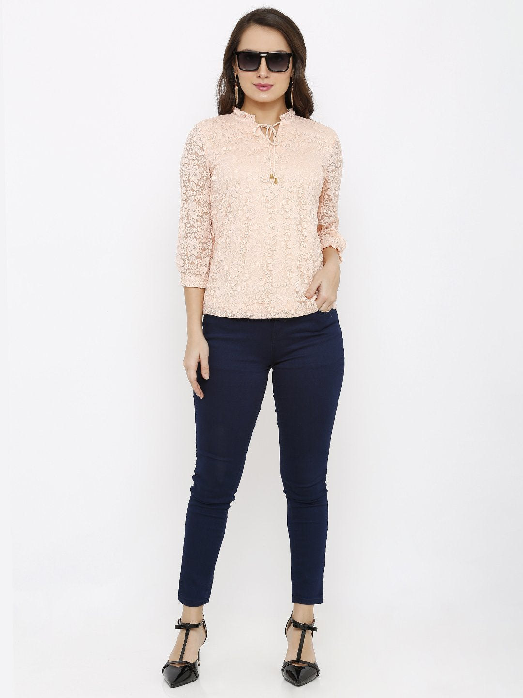 Women Light Orange Lace Top