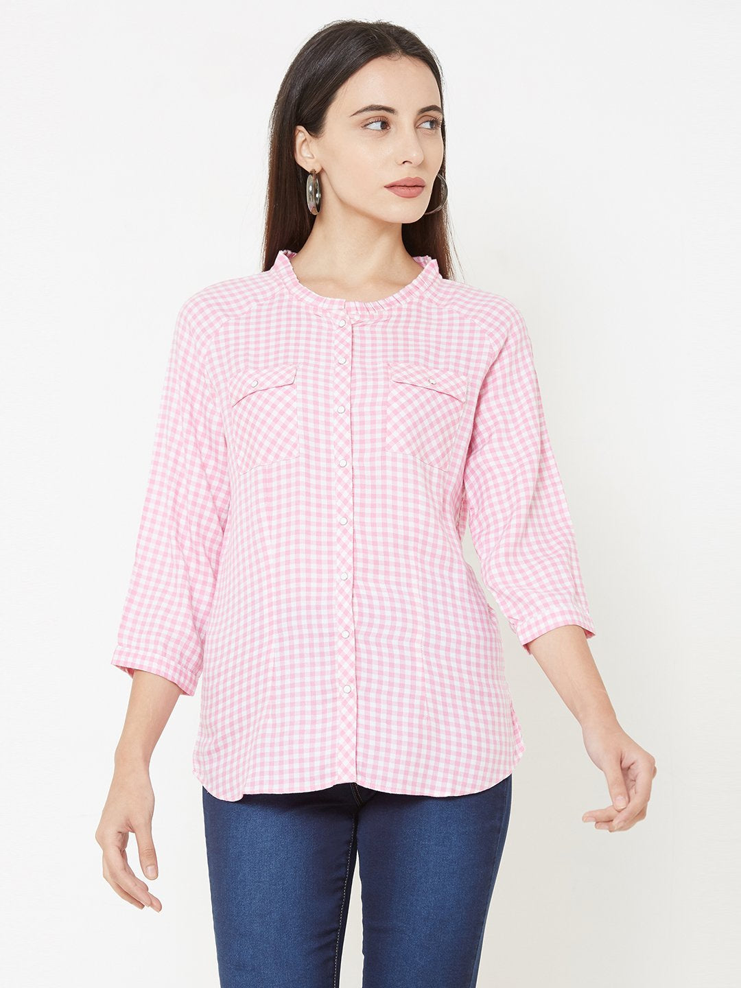Women Pink/White Checked Top