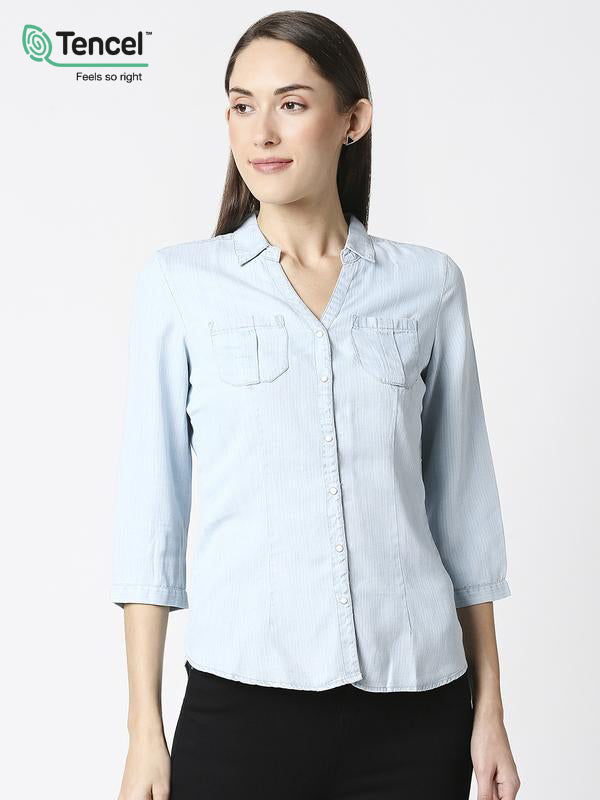 Women Solid Regular Denim Shirt