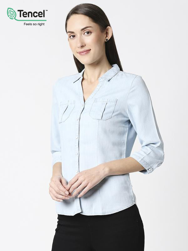 Women Solid Regular Denim Shirt