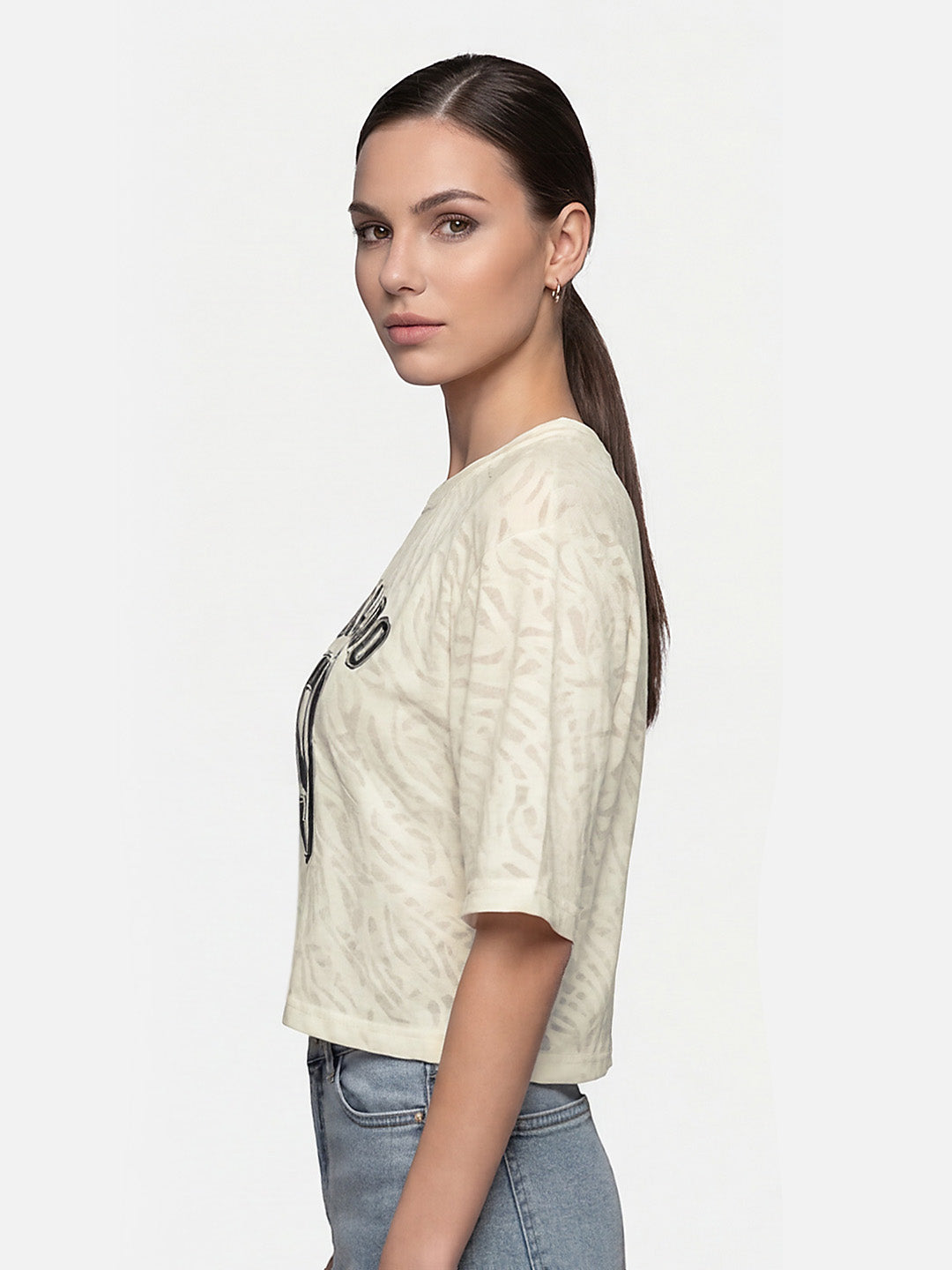 Women Off White Burnout Graphic Crop Tees