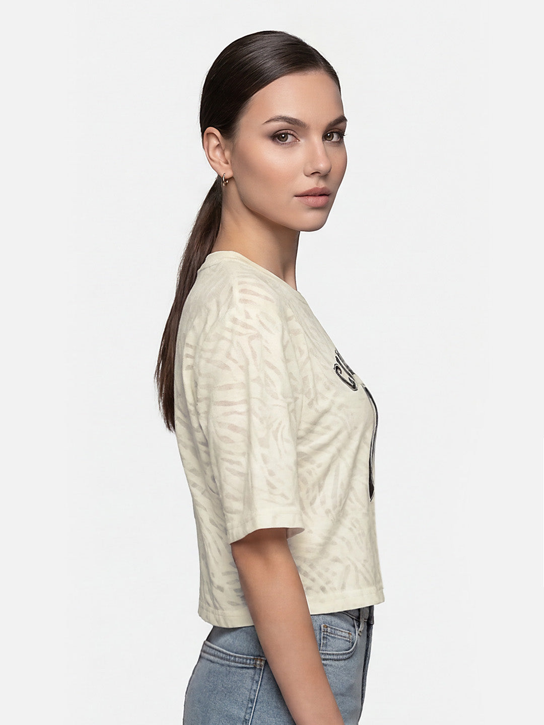 Women Off White Burnout Graphic Crop Tees