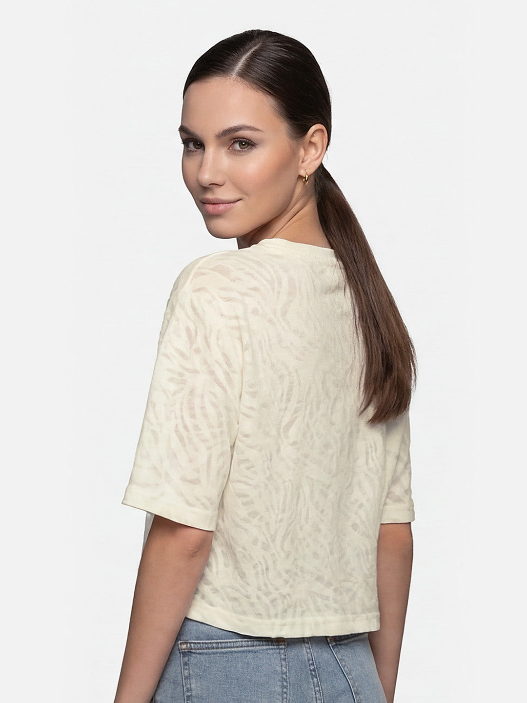Women Off White Burnout Graphic Crop Tees