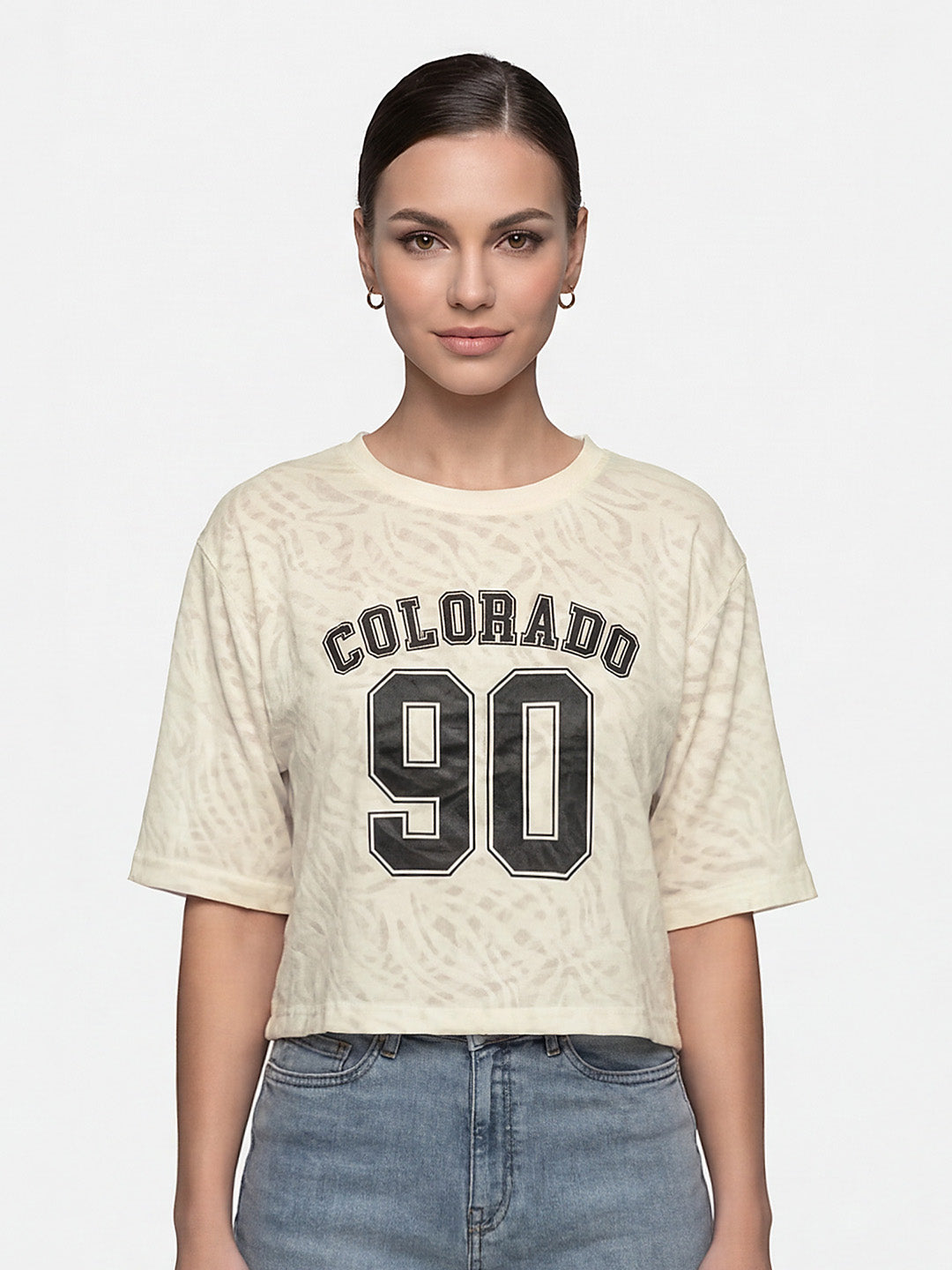 Women Off White Burnout Graphic Crop Tees