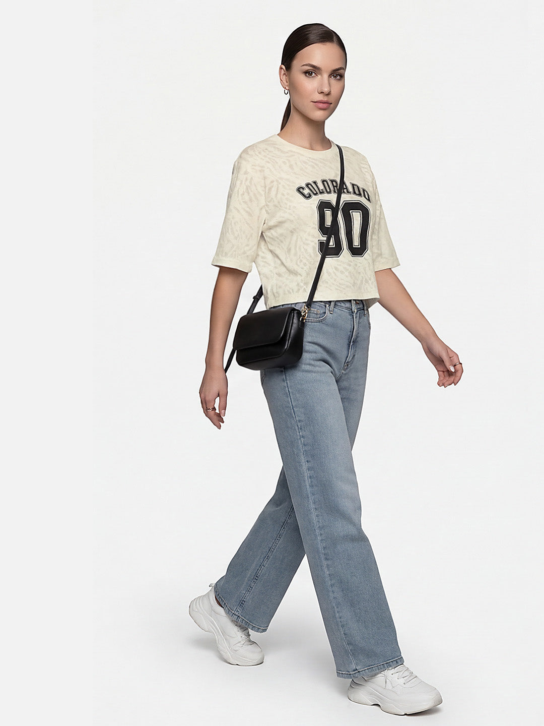 Women Off White Burnout Graphic Crop Tees