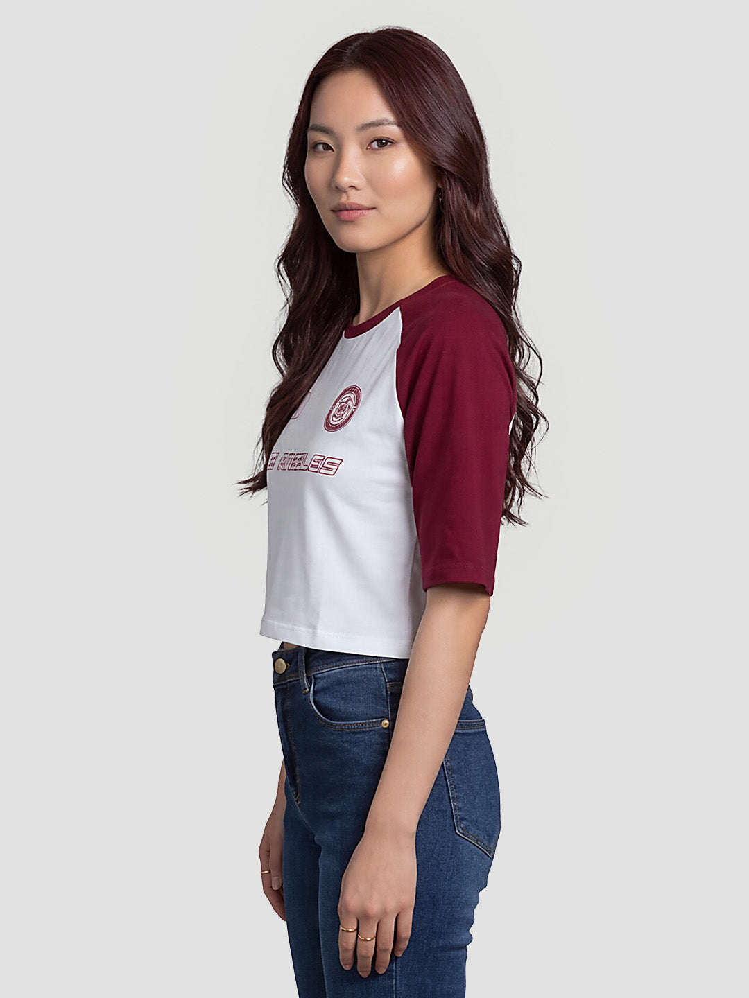 Women White/Rumba Red Graphic Print Crop Tees