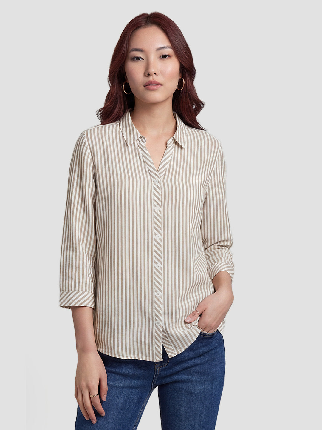 Women Brown/White Striped Shirt