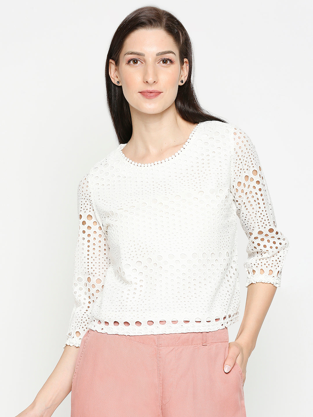 Women Off White Schiffli Crop Top