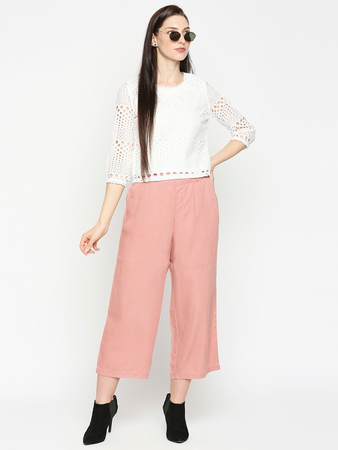 Women Off White Schiffli Crop Top