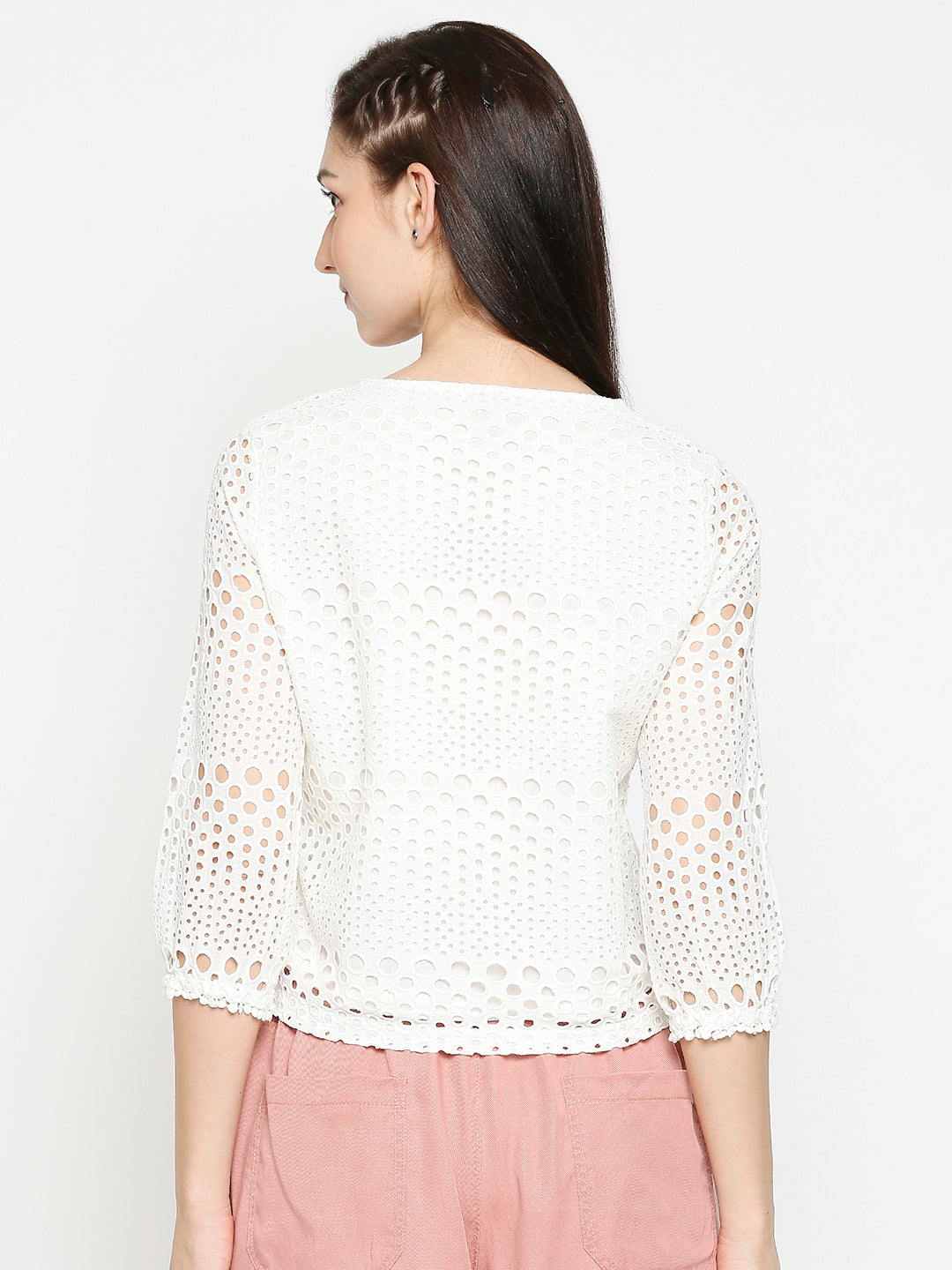 Women Off White Schiffli Crop Top