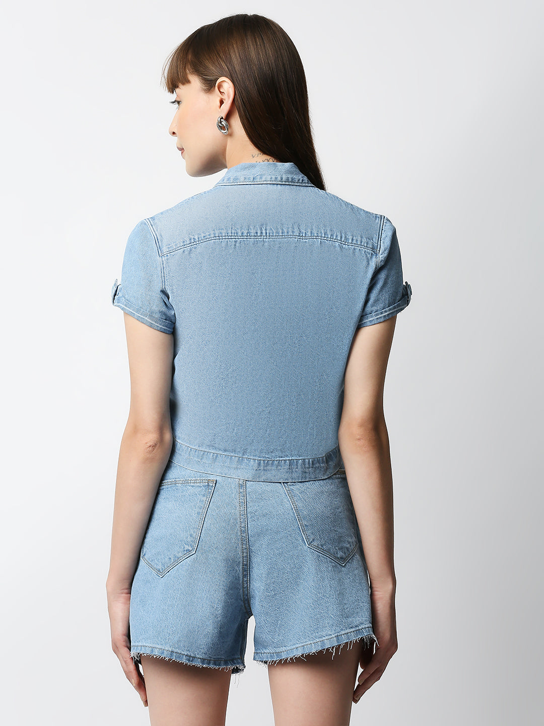 Women Light Blue Crop Denim Shirt