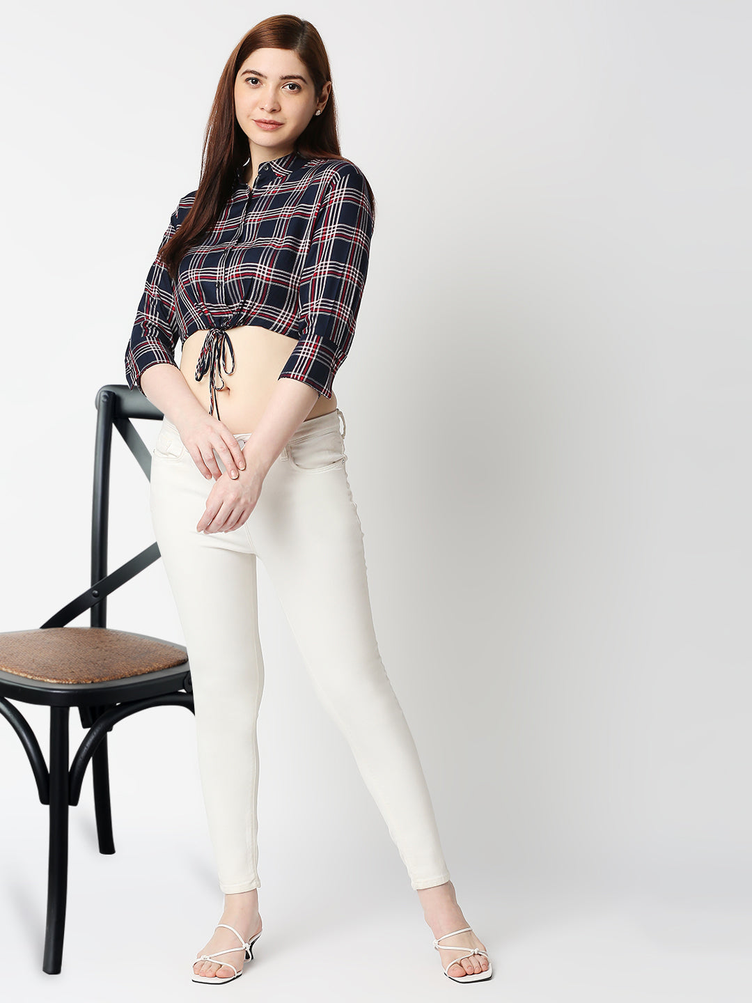 Women Navy Slim Crop Shirt
