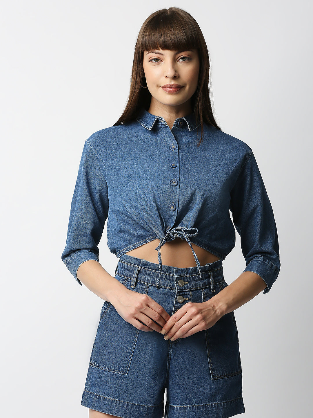 Women Dark Blue Crop Shirt