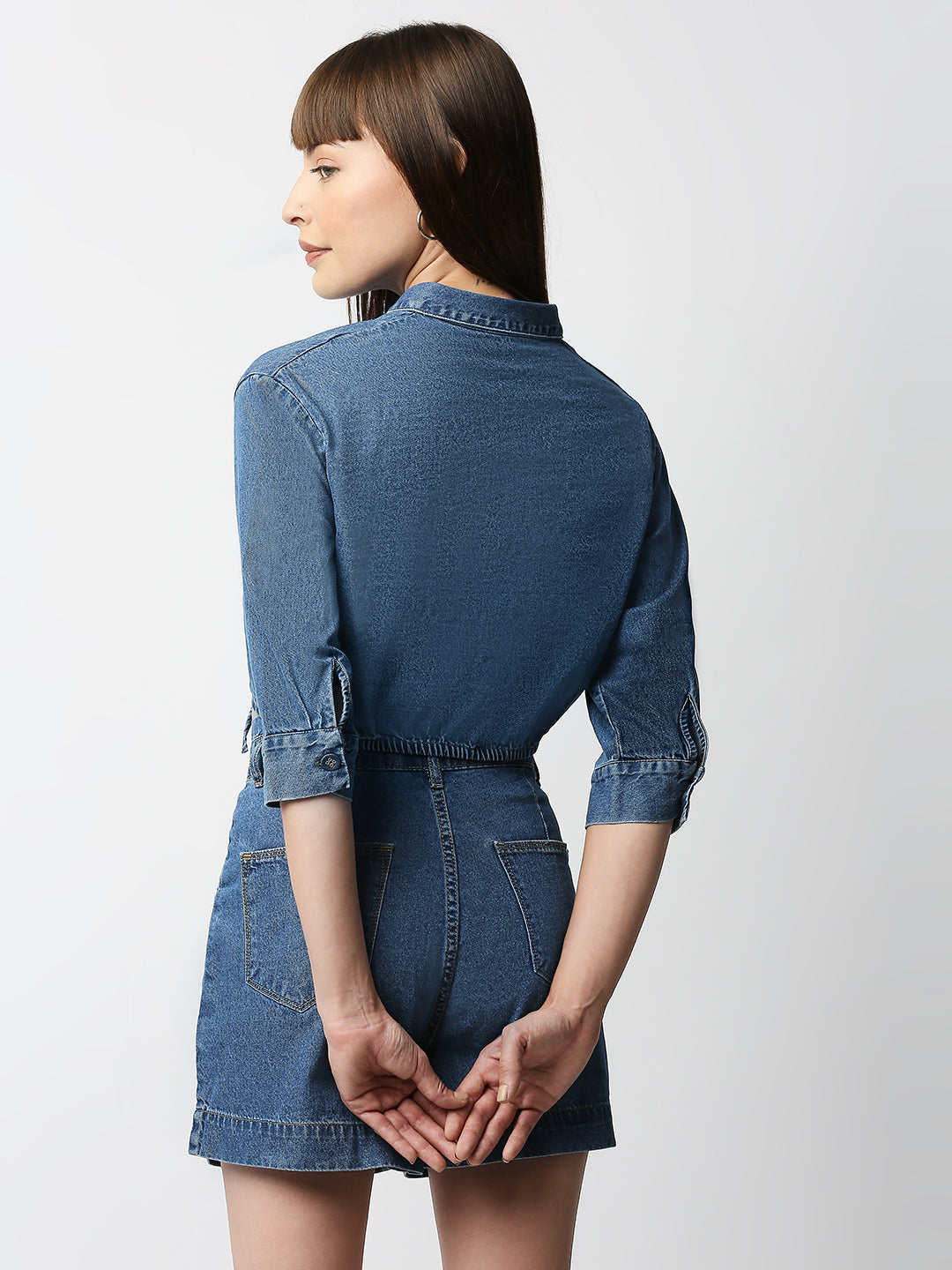 Women Dark Blue Crop Shirt
