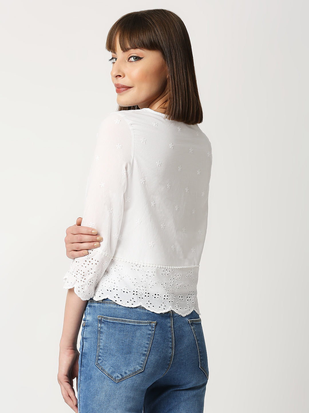 Women Bleach/White Crop Schiffli Top
