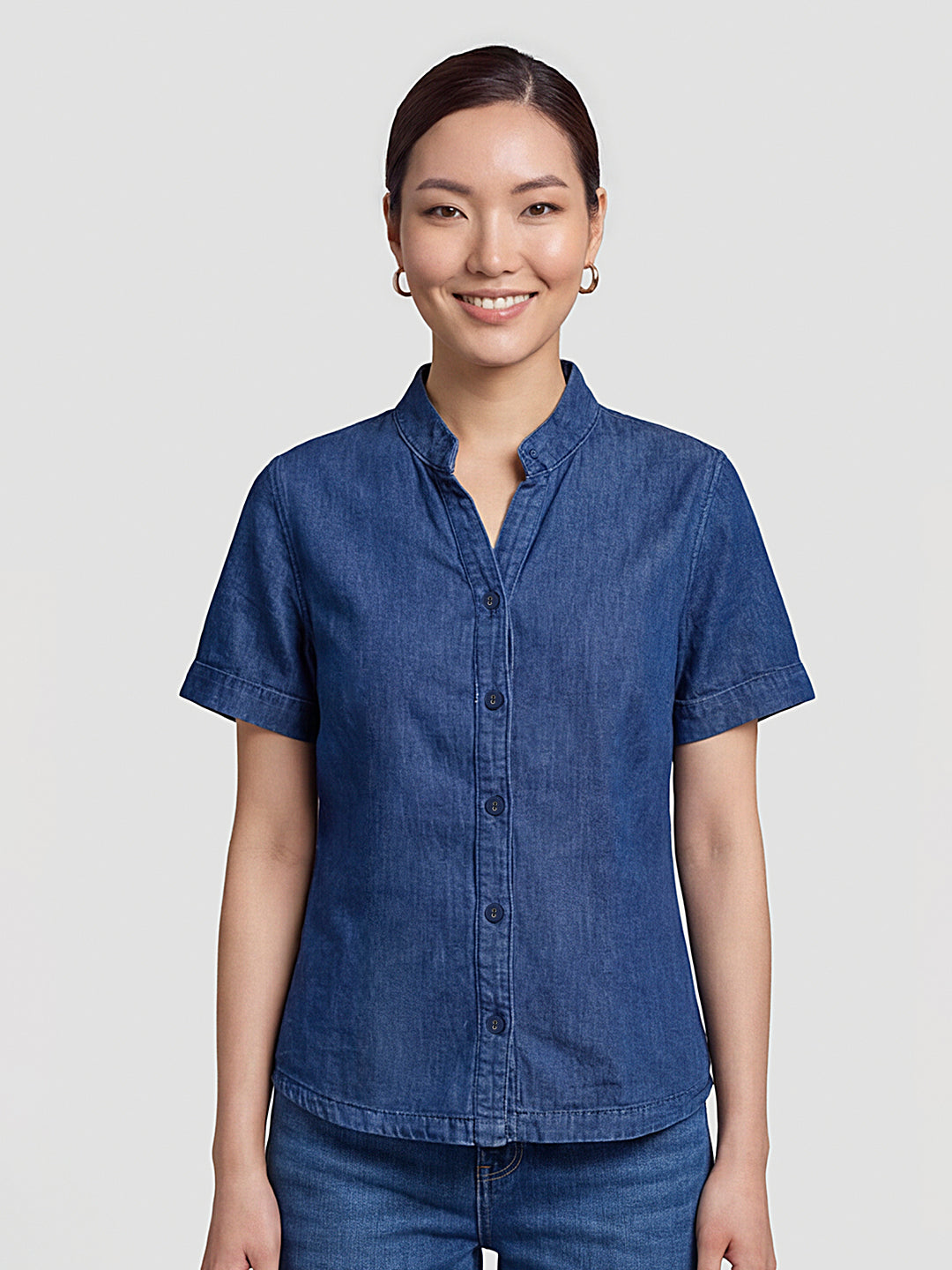 Women Dark Blue Denim Crop Shirt