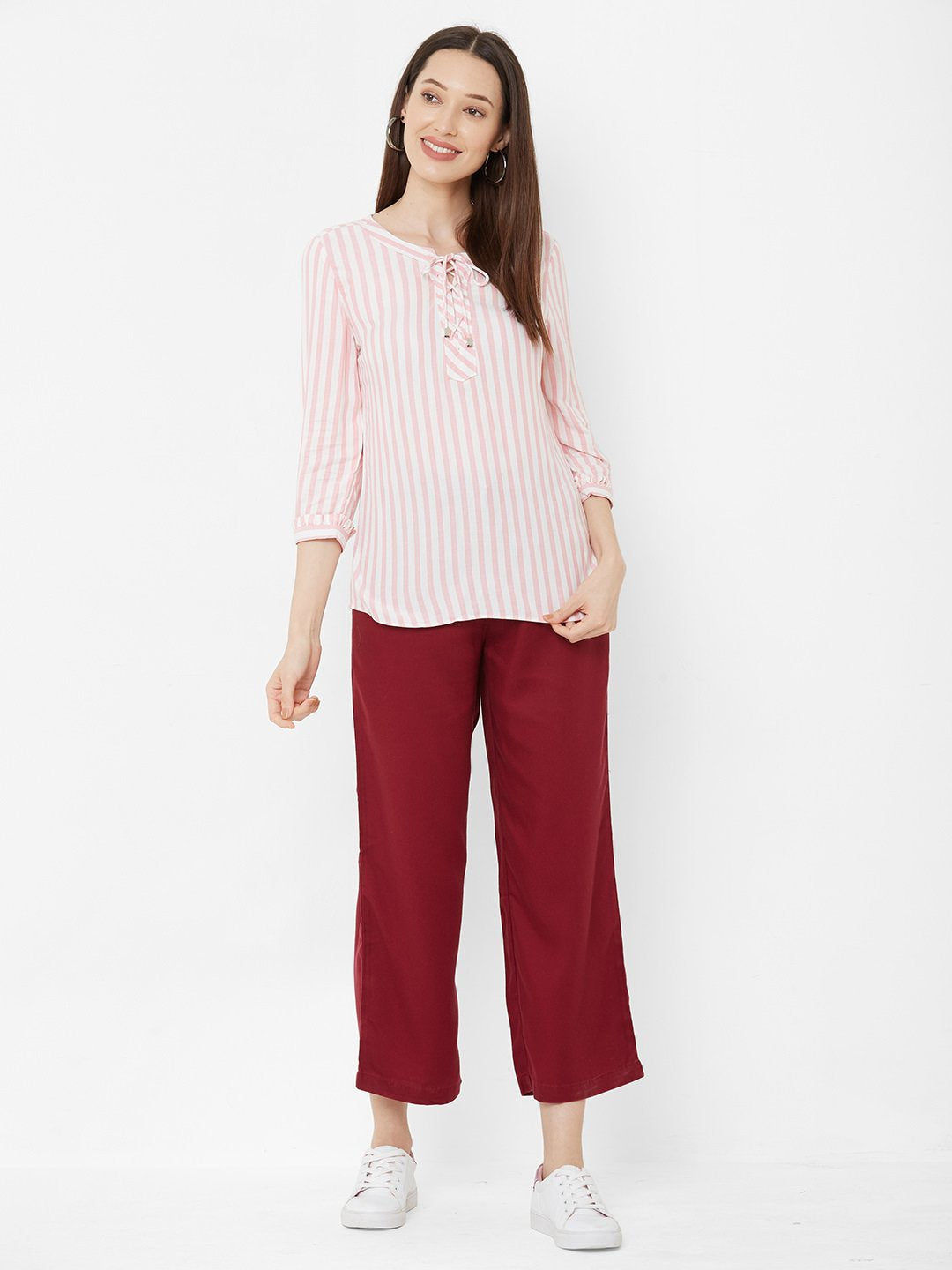 Women White/Peach Striped Top