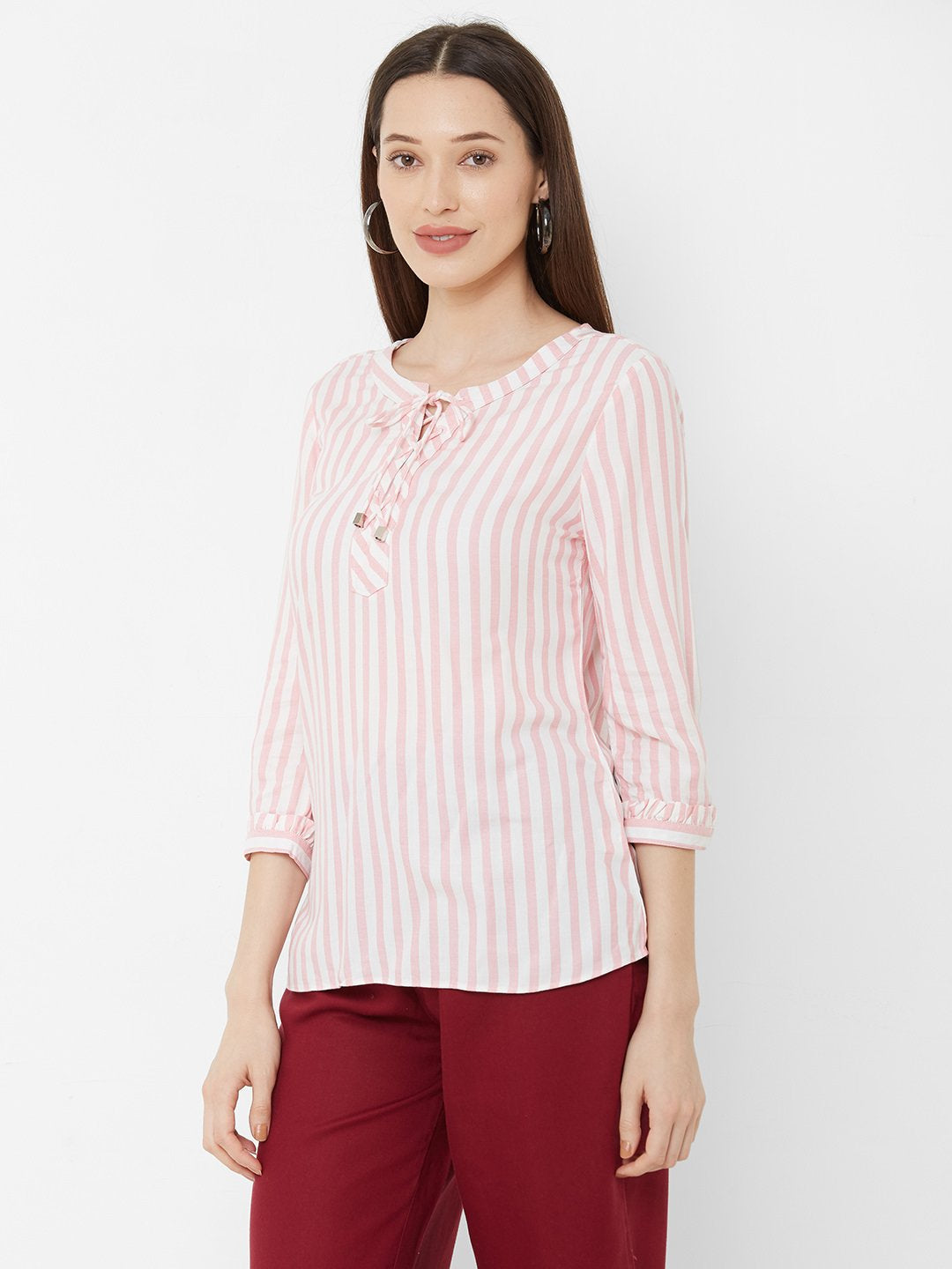 Women White/Peach Striped Top