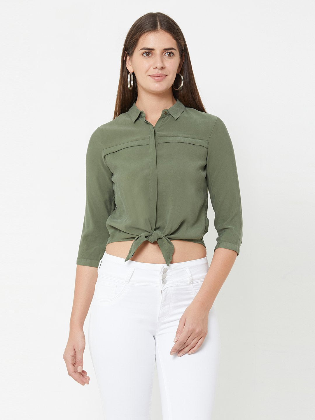 Women Olive Crop Shirt