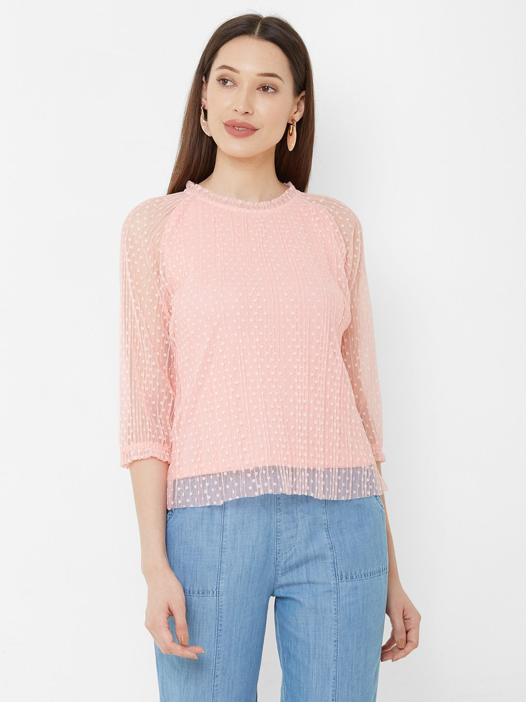 Women Peach Slim Fit Lace Top