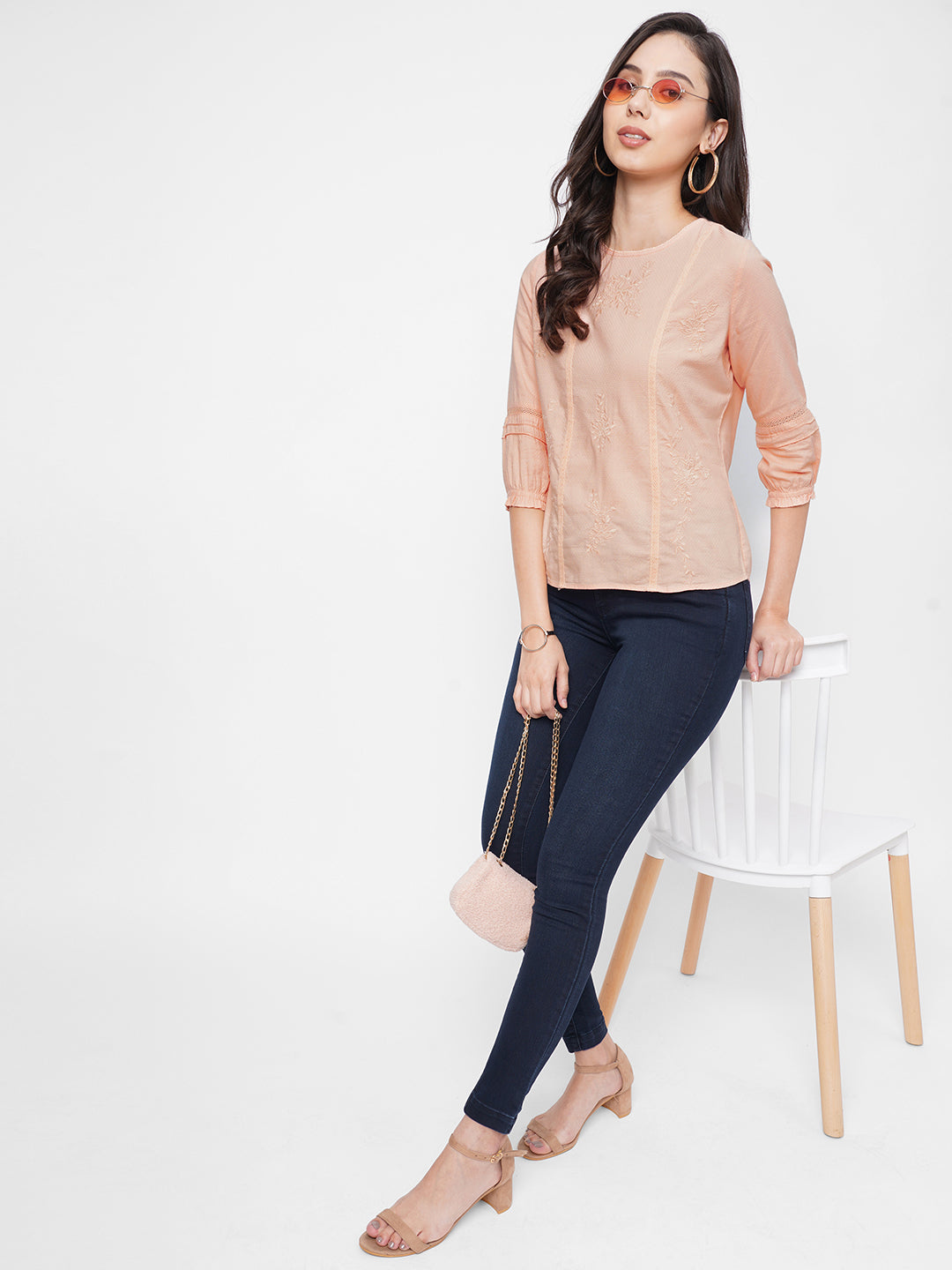 Women Peach Embroidery Top