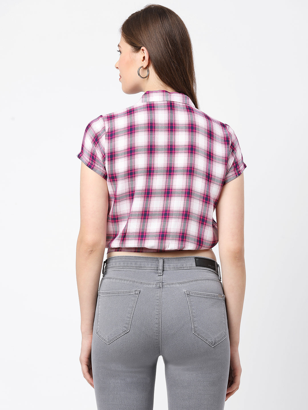 Women Pink/White Crop Checks Shirt