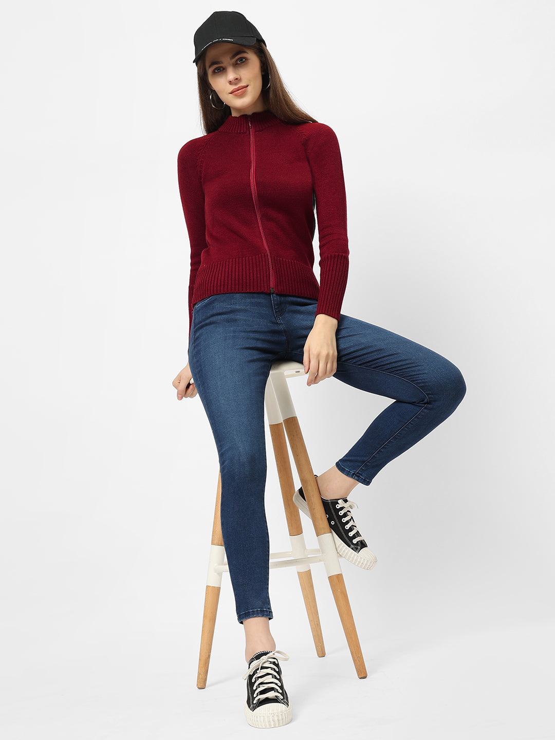 Women Maroon Slim Fit Sweater
