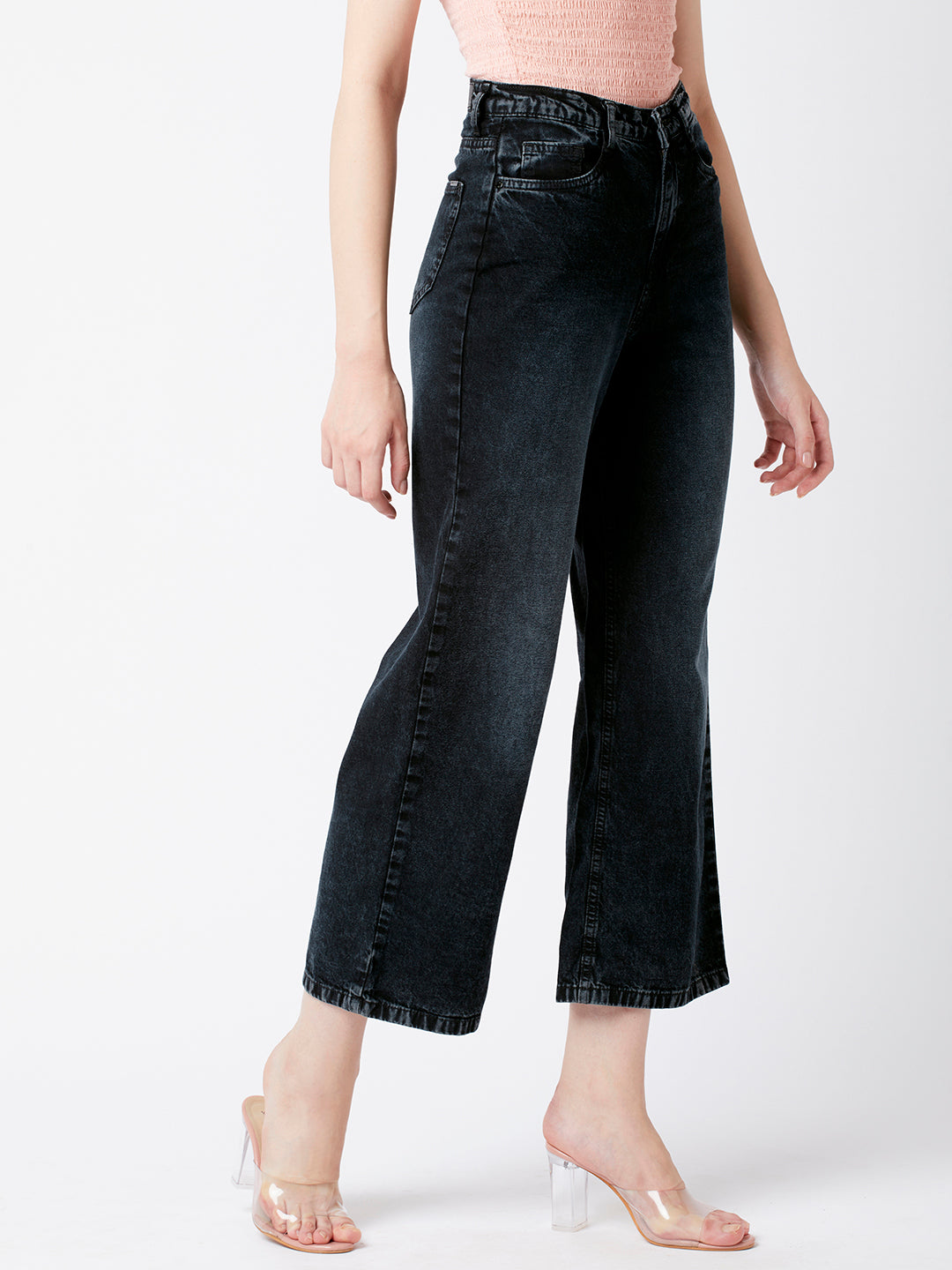 Women Charcoal Black High-Rise Wide Leg Jeans