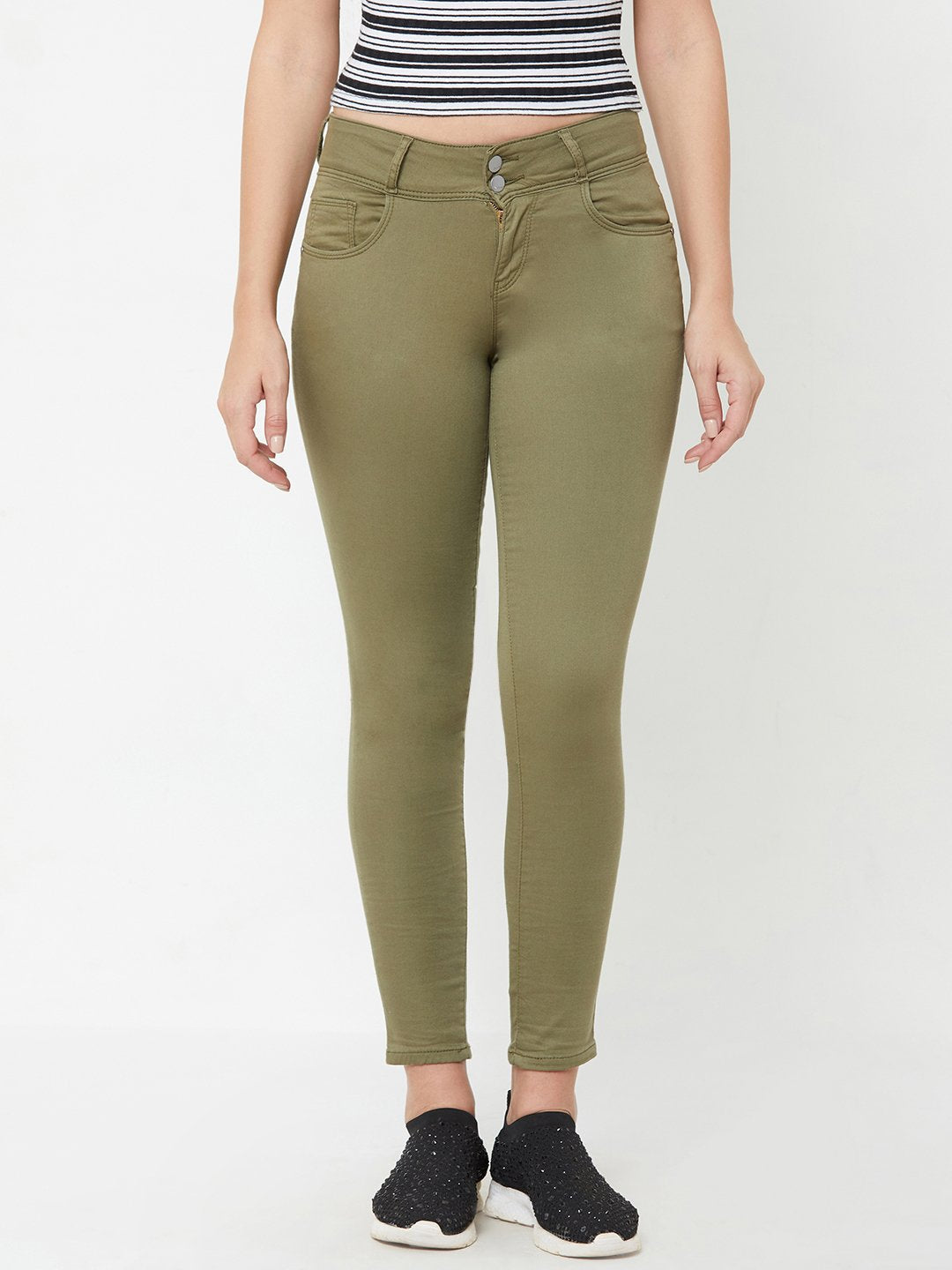 Women Light Olive Mid-Rise Skinny Crop Jeans