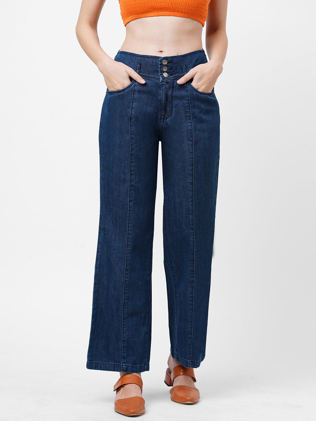 Women Blue High-Rise Wide Leg Jeans