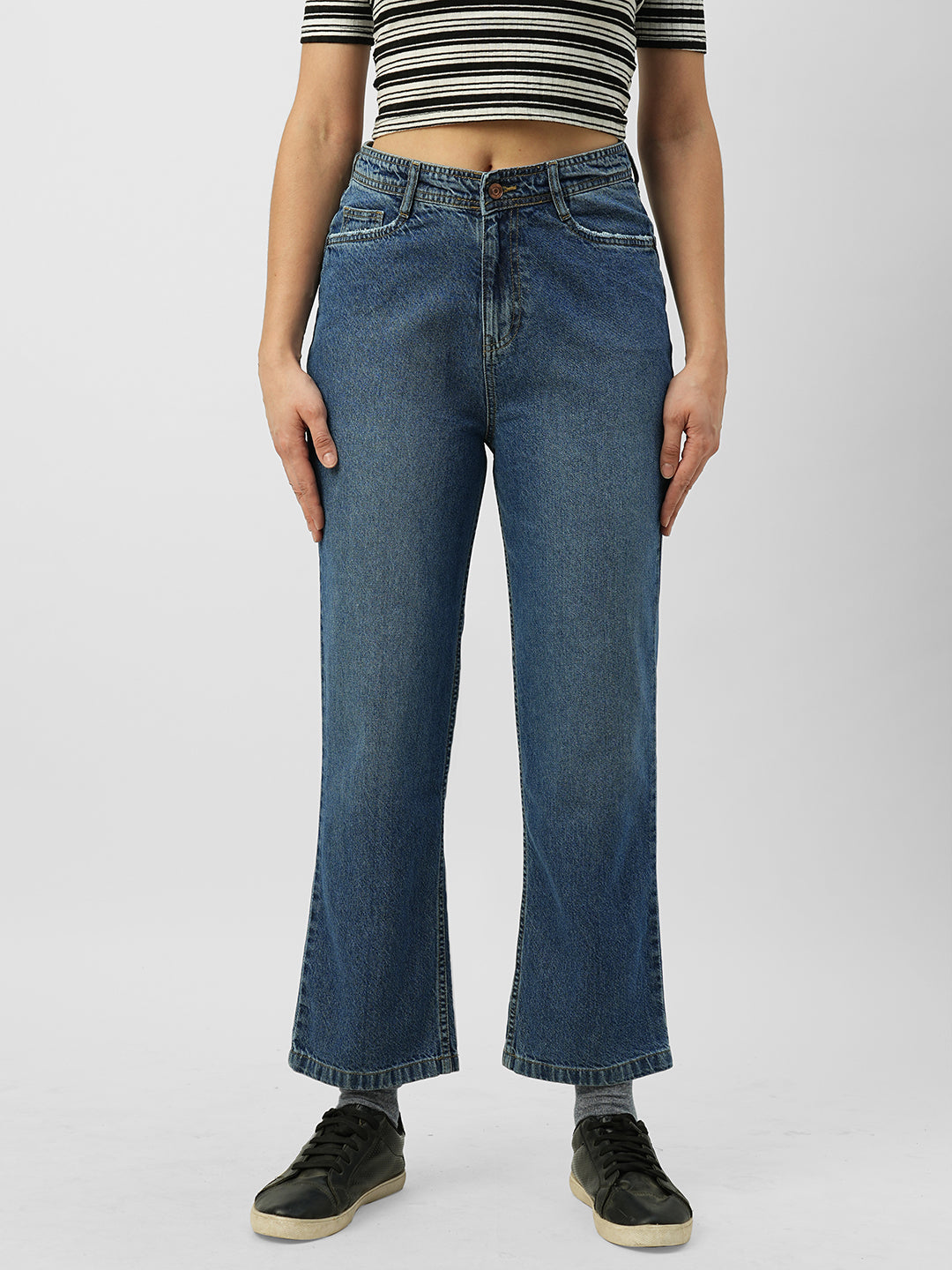 Women Dark Blue High-Rise Loose Straight Jeans
