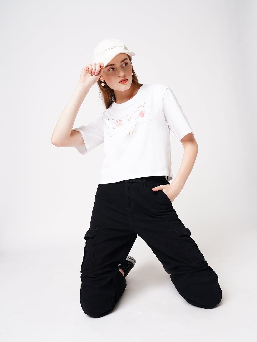 Women White Floral Graphic Tees