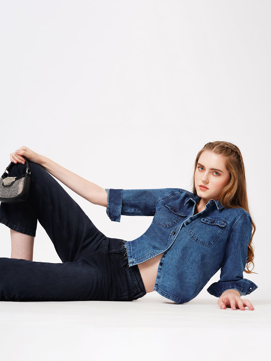 Women Blue Solid Denim Shirt