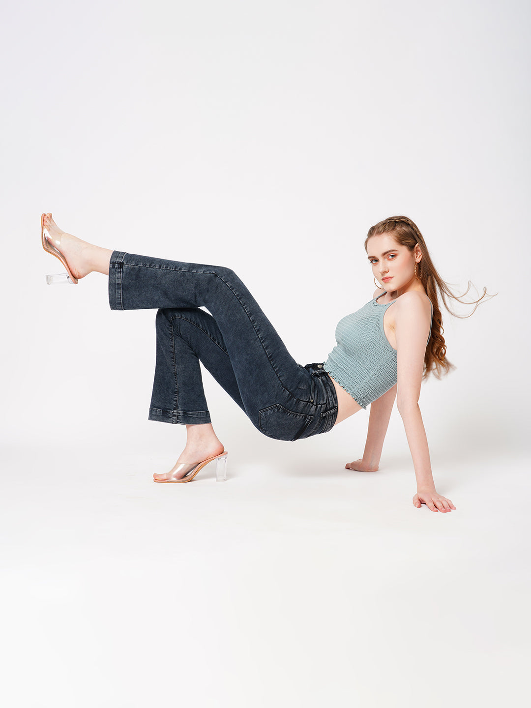 Women Carbon Black High-Rise Mini Flare Jeans