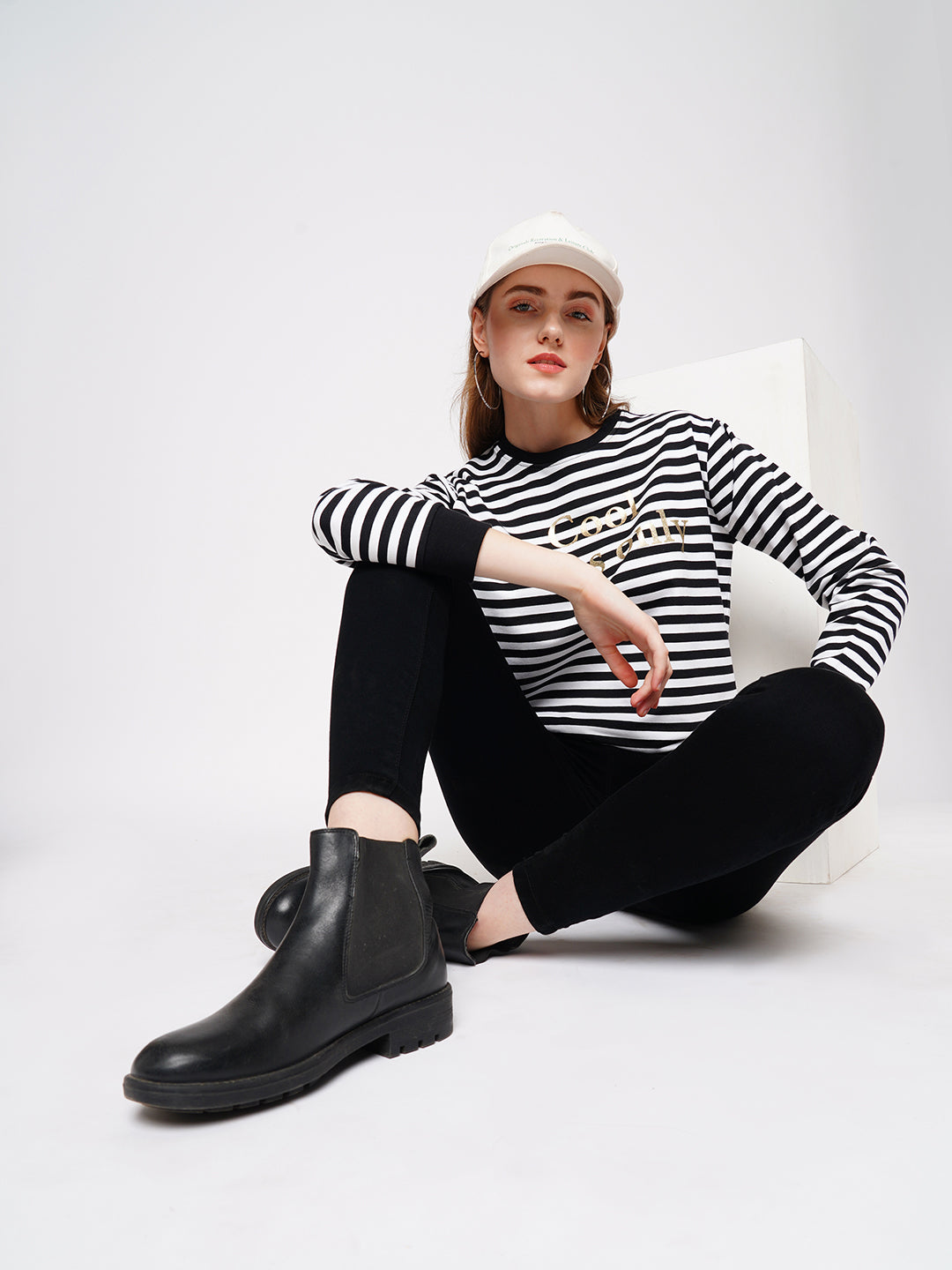 Women Black/White Striped Sweatshirt
