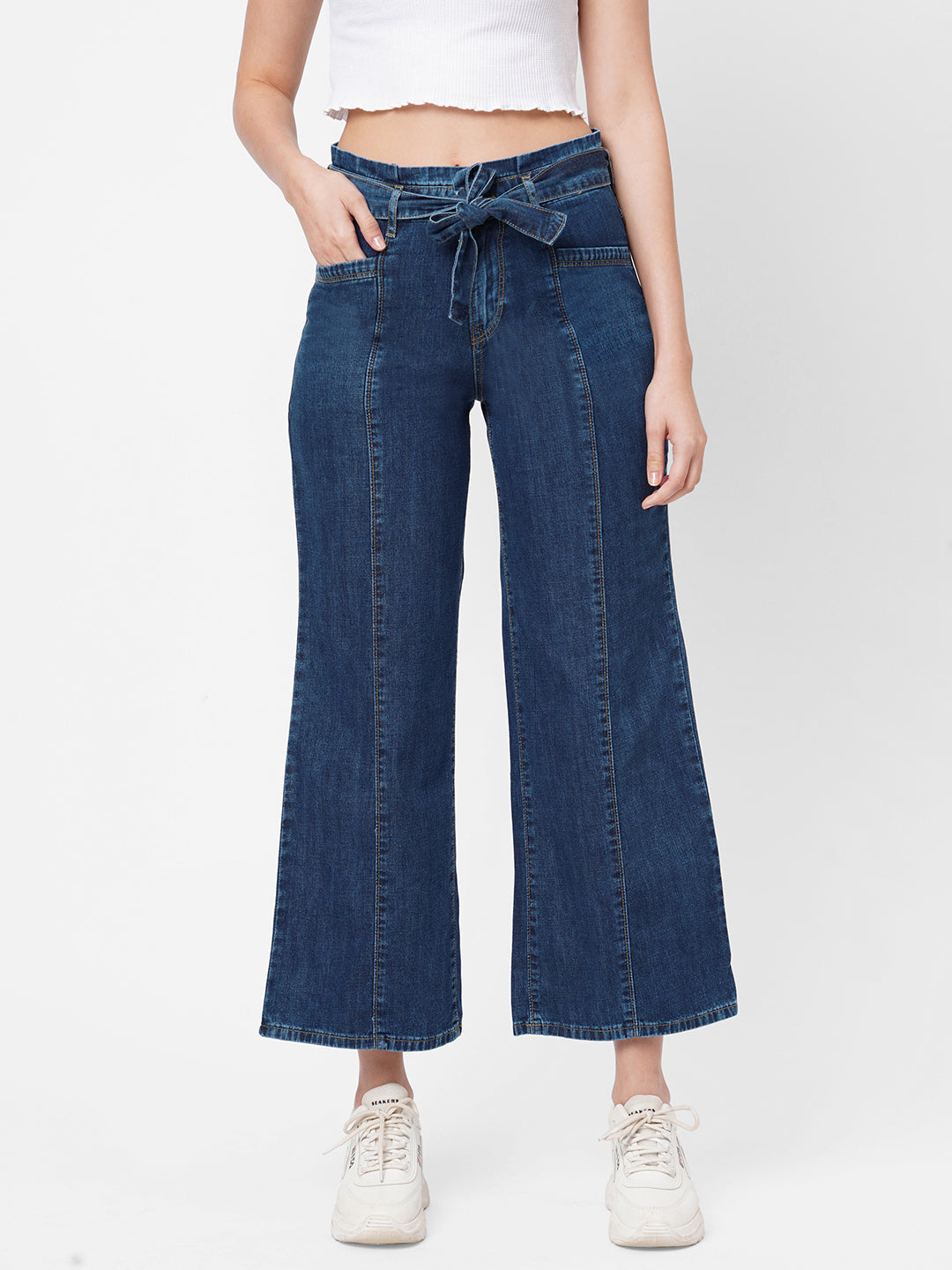 Women Dark Blue High-Rise Wide Leg Jeans