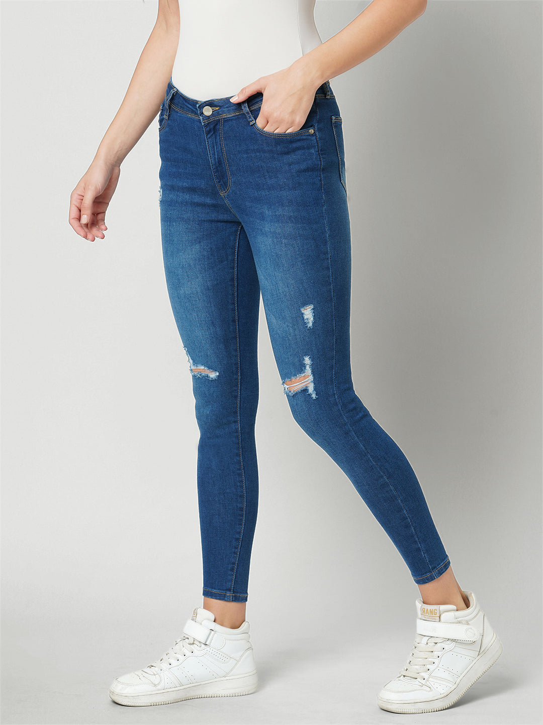 Women Dark Blue High-Rise Skinny Fit Ripped Jeans