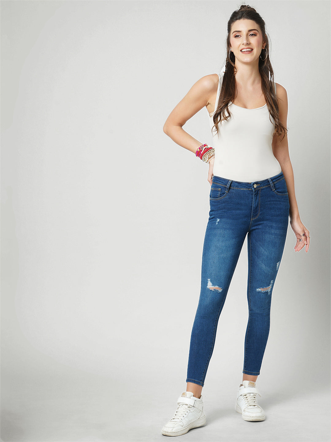 Women Dark Blue High-Rise Skinny Fit Ripped Jeans