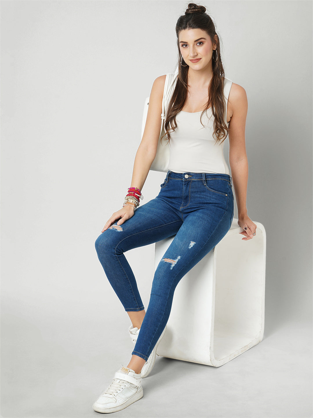 Women Dark Blue High-Rise Skinny Fit Ripped Jeans